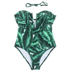 Tropical Print One Piece Swimsuit Women V-neck Green Leaf Beach Swimsuit with Detachable Straps