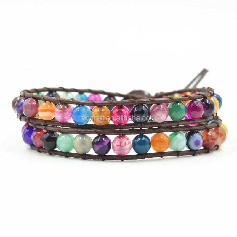 Two layer Exclusive Mixed color natural stone beads genuine vintage leather wrap handmade bracelet