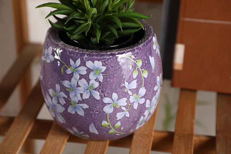 意大利现代花园装饰室内室外植物花盆定制紫色花盆与优雅的花朵图案