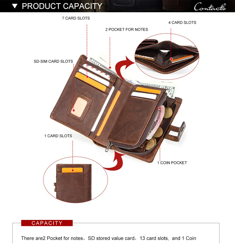 Contact's Genuine Leather Wallet for Men RFID Blocking Bifold 13 card slots with Coin Pocket