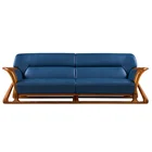 Wood Navy Blue Wooden Frame Leather Sofa Modern Bungalow Home Furniture Living Room Reception Waiting 4 Seat