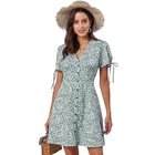 Wholesale Women V Neck Short Sleeve Above Knee Mini Elegant Printed Casual+Dresses
