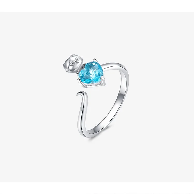 blue gemstone cute kitten women rings jewelry genuine 100% 925 sterling silver jewelry resizable rings