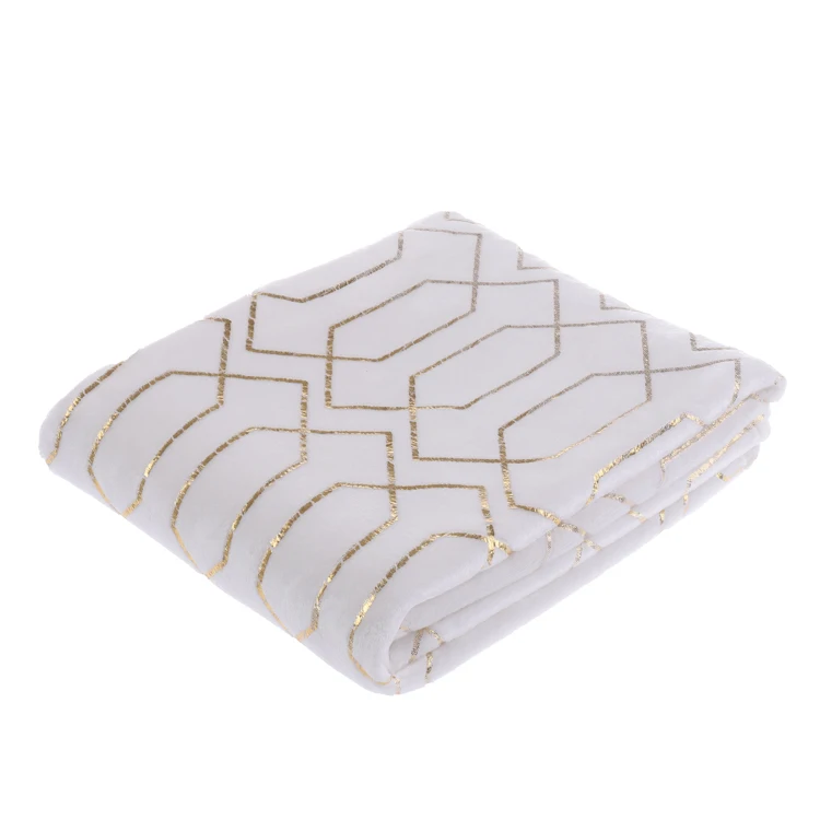 Luxury Soft Hot Gold Stamping Foil Printing Geometric Pattern Flannel Fleece Throw Blanket