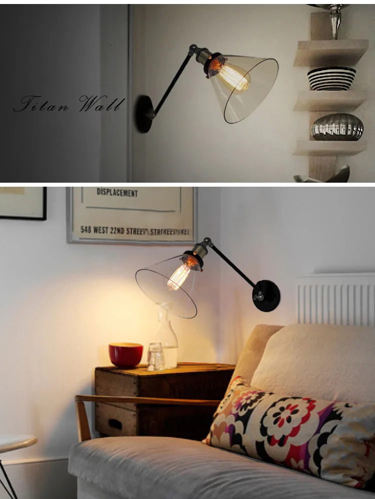 Industrial Retro Double Swing Arm Lamp Brass Metal  Black Tapered Shade Wall Sconce