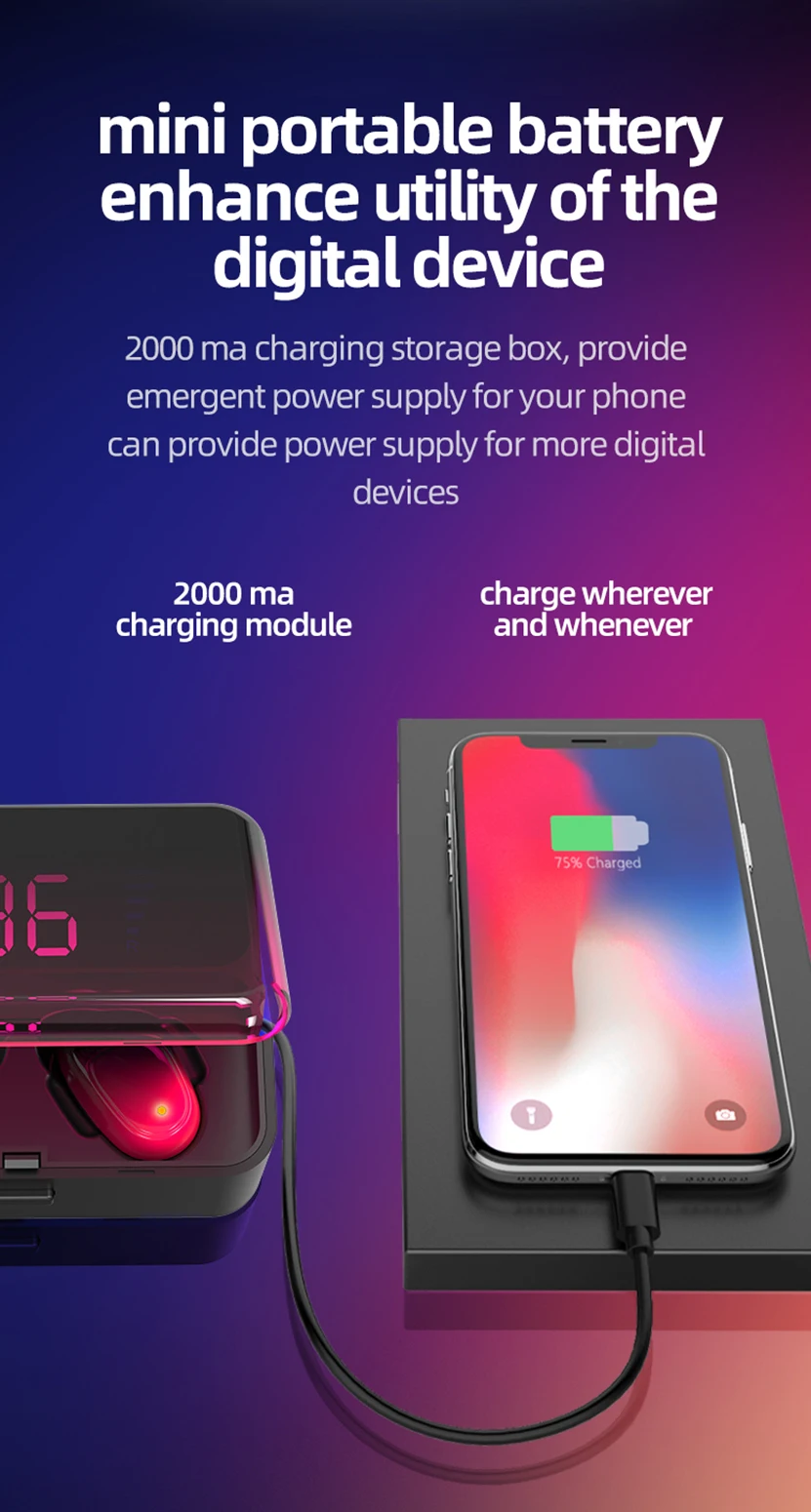 2019 New Design Custom HBQ-ES01 Mini Sport Waterproof Noise Cancelling Portable Wireless Earphones with LED Digital Display - ANKUX.COM