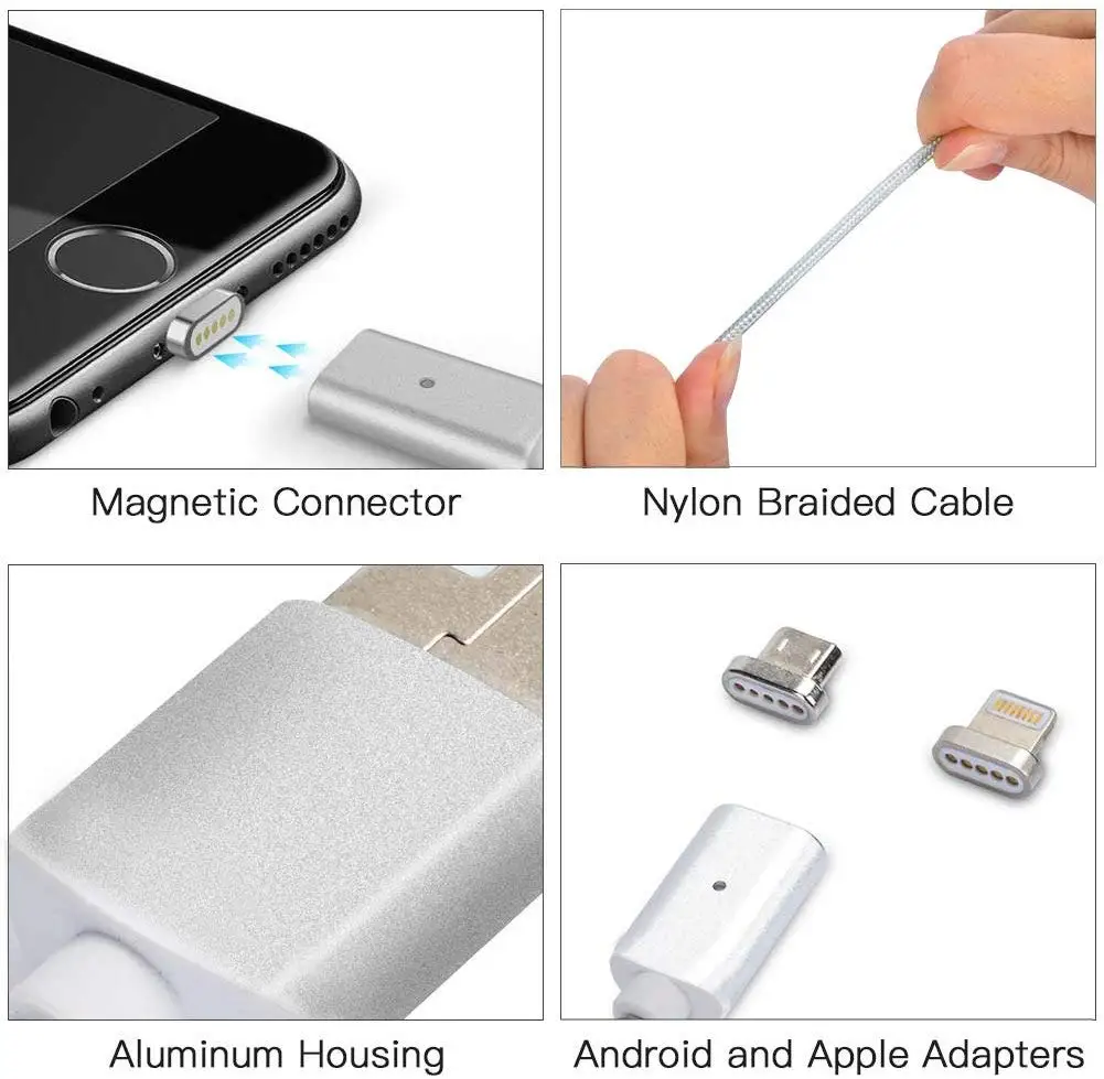 2 in 1 Magnetic USB Cable 3.3ft Lighting and Micro USB Braided Charging Sync Cord for Android and Apple Devices (Silver) - ANKUX.COM