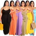 Womens Spaghetti Strap Maxi Dress Plus Size Sleeveless with Pockets and Belt