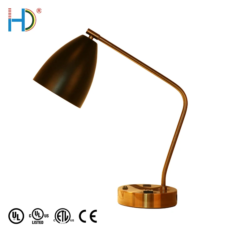 Vintage Retro Usb Port Bankers Matte Black Shade Table Lamp For Hotel