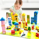 Wooden toys 62 pieces of changeable urban traffic barreled scene building blocks Car Toys for children
