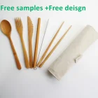 Zero Waste reusable bamboo cutlery sets Includes Knife, Fork, Straw, Teaspoon, Cleaning Brush with a Travel Bag