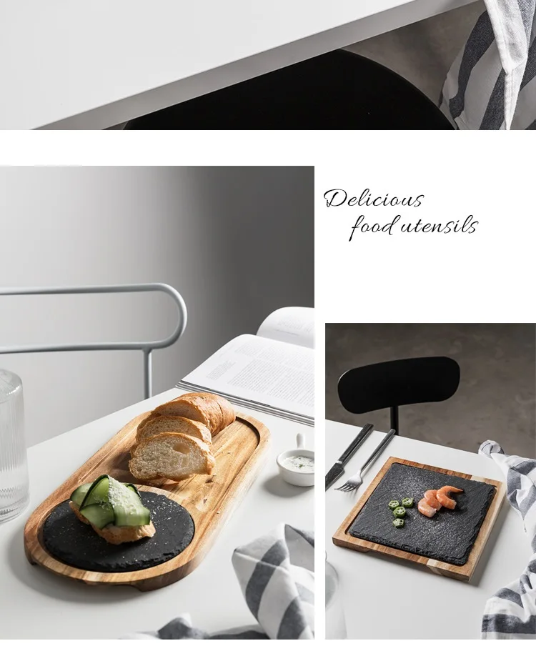 Nordic Restaurant Slate Stone Western Style Tableware Food Serving Rectangular Acacia Wood Pizza Bread Dinner Plate for Steak