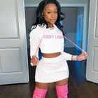 Clothes Fashion Embroidered Lucky Label Crop Hoodie Skirt Set Tops Women's 2021 Fall Clothes 2 Piece Sets Sweatsuit
