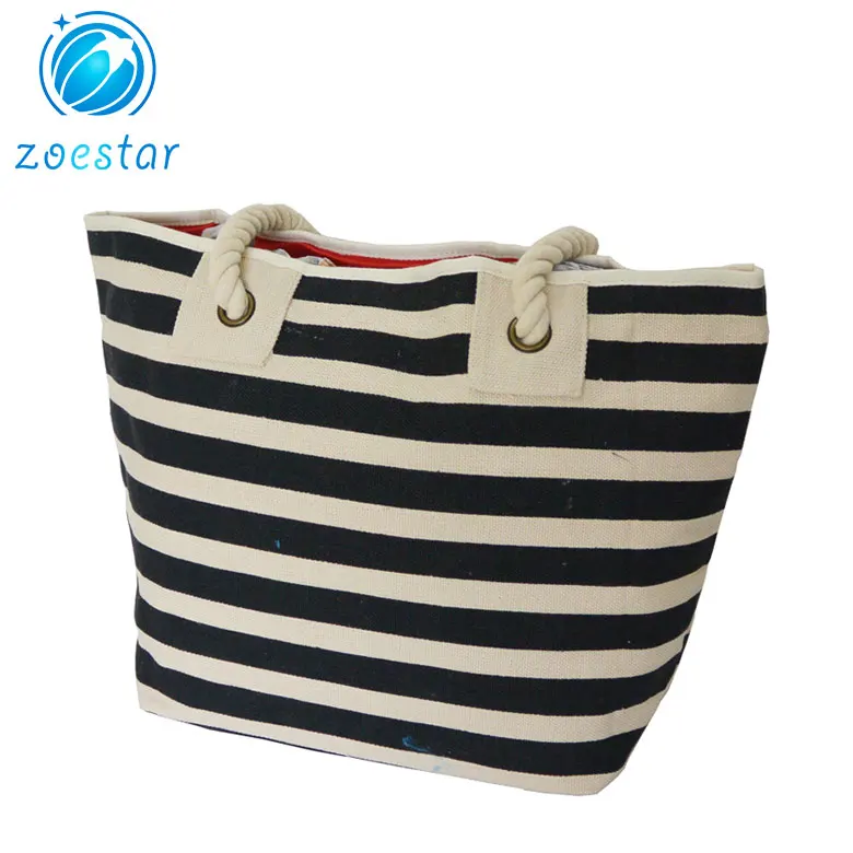 Black Pink Striped Canvas Tote Shoulder Bags Causal Daily Shopping Bags
