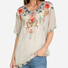Colorful Floral Embroidered High-low Hemline Tunic Top ST-2404