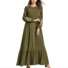 Middle East Long Sleeve O Neck Green Maxi Long Dress Ladies Abaya Muslim Dresses Plus Size Woman
