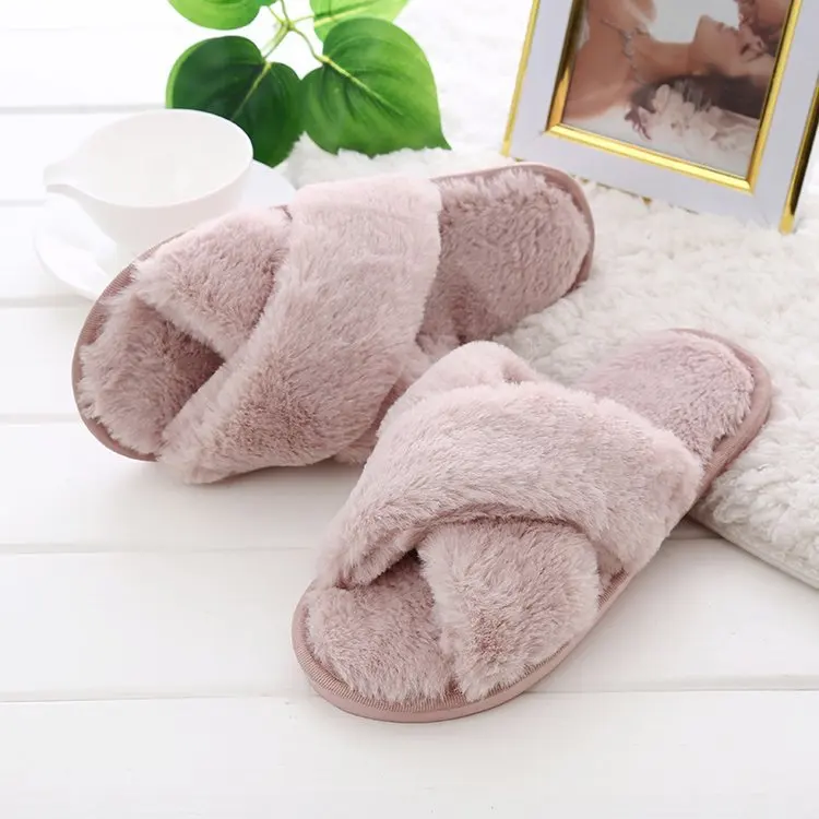 Winter Women Home Slippers with Faux Fur Fashion Warm Shoes Woman Slip on Flats Female Slides