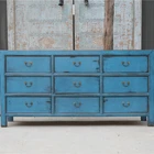 chinese antique recycle wood blue nine drawer chest cabinet