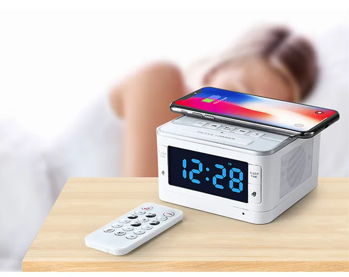 wireless alarm clock speaker with Qi charging radio blue tooth music Remote control - ANKUX.COM