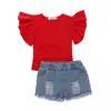 Wholesale New Design Kid Clothes Set Red T-shirt With Denim Short For Girls