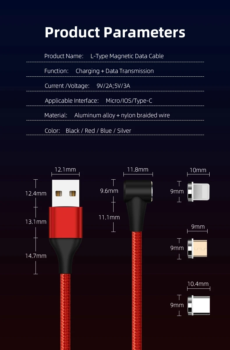 QC3.0 3A Fast Charging 90 Degree Right Angled Magnetic USB Cable for iPhone Micro USB Type C - ANKUX.COM