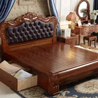 Modern Wood Bed Bedroom Furniture High Leather Headboard Luxury Wooden Modern Double Wood Storage Bed
