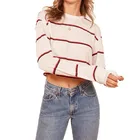 2019 New Arrival Comfortable Round Neck Red and White Stripe For Solid Color Long Sleeve Women's T-shirt