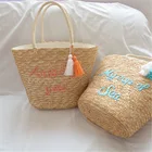 Handmade Handmade Handmade Straw Bag JAKIJAN Handmade Blue Letter Embroidered Straw Beach Bag