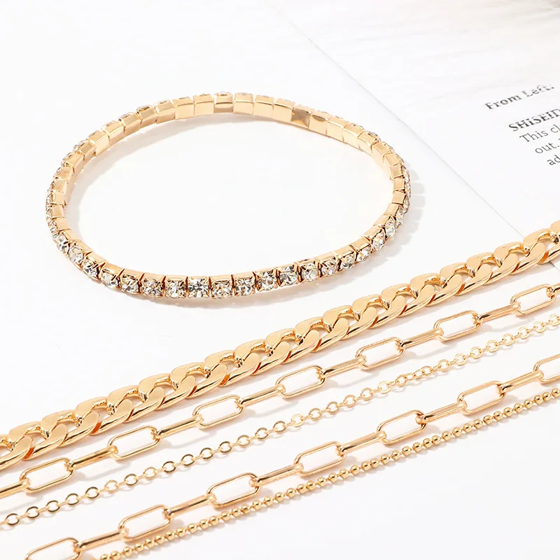 fashion anklet chains jewelry women gold plated rhinestone anklets set layered cuban anklet