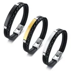 Good quality fashion jewelry multilayer PU leather bangle titanium steel bracelet for men