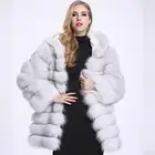 Cheap New Women's Elegant Faux Fur Stitching Hooded Coat Fluffy Thick Warm Fox Fur Winter Coats