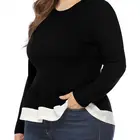 Loose Black Long Sleeve O-Neck Autumn Women Plus Size Casual Blouse