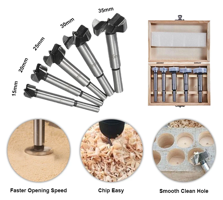 5Pcs Wood Boring Forstner Drill Bit Set for Wood in Wooden Box or Double Blister