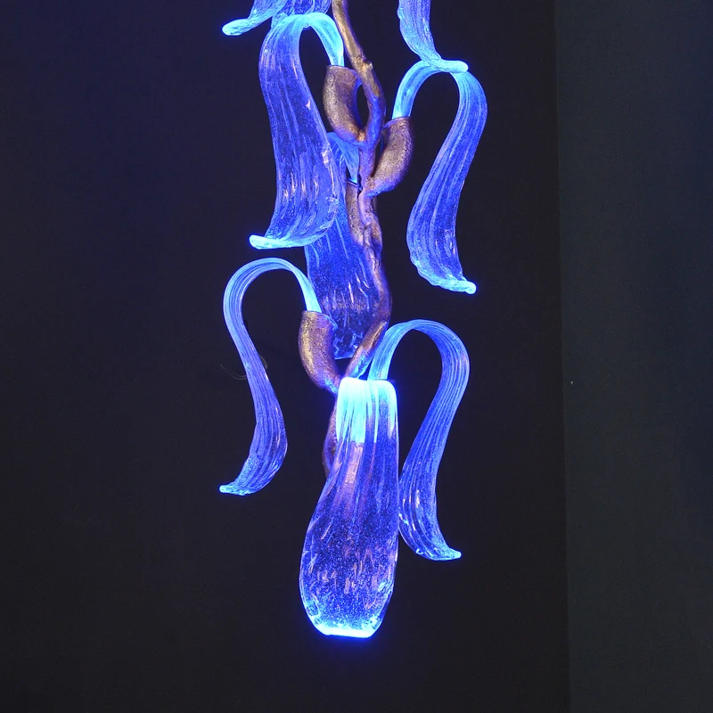 Contemporary large Glass Blue  maple leaf copper lighting luxury long  pendant lamp  staircase G9 chandelier villa design