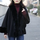 Ladies capes and coats women short coat design fashion women knit shawl / poncho / cape coat with rex rabbit fur trim