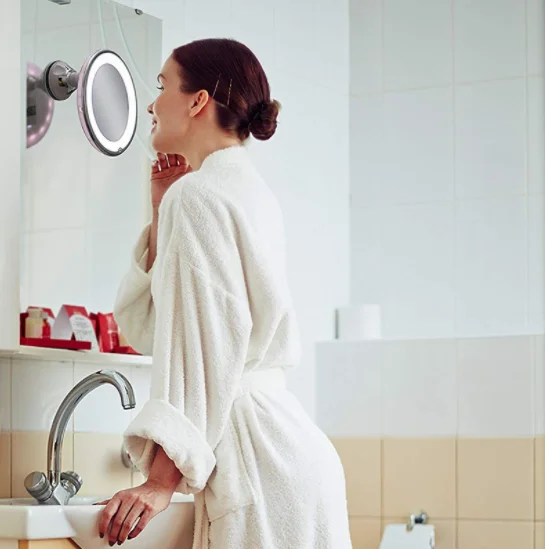 Flexible Gooseneck 10x Magnifying Mirror Bathroom Suction Cup Led Vanity Makeup mirror With LED Lights