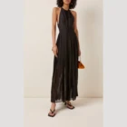 Custom Wholesale Summer Woman Pleated Black Cotton-Silk Maxi Long Halter Dress