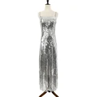 High quality luxurious elegant long maxi gillter spaghetti strap ladies silver sequin evening dinner party dress