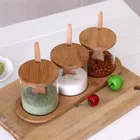 Kitchen canister spice glass storage jar set with wood spoon and lid