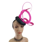 Hot pink curl ribbon black round base sinamay handmade fascinators church wedding hairband for women