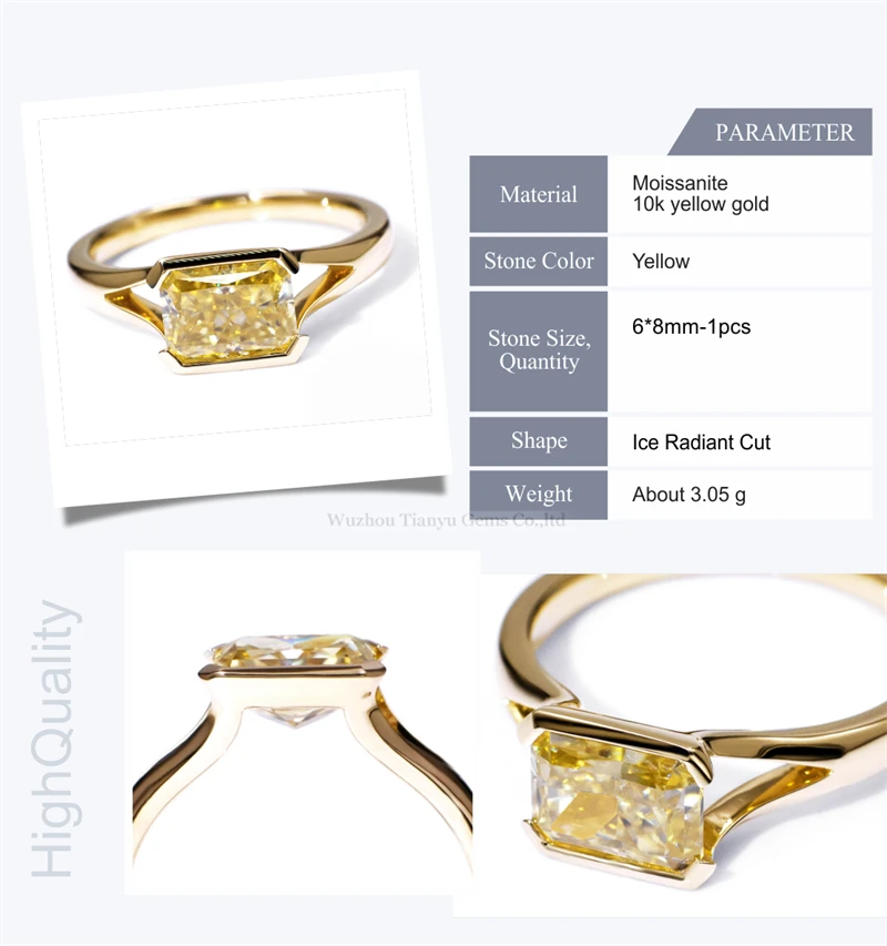 Tianyu Gems Radiant Cut Vivid Yellow Moissanite Diamond K Yellow Gold