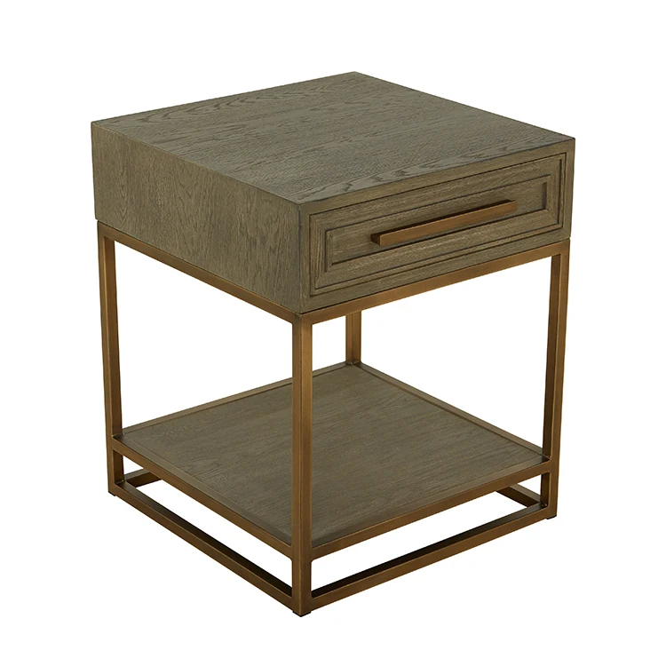 2020 hot selling oak gold iron bedside table with drawer