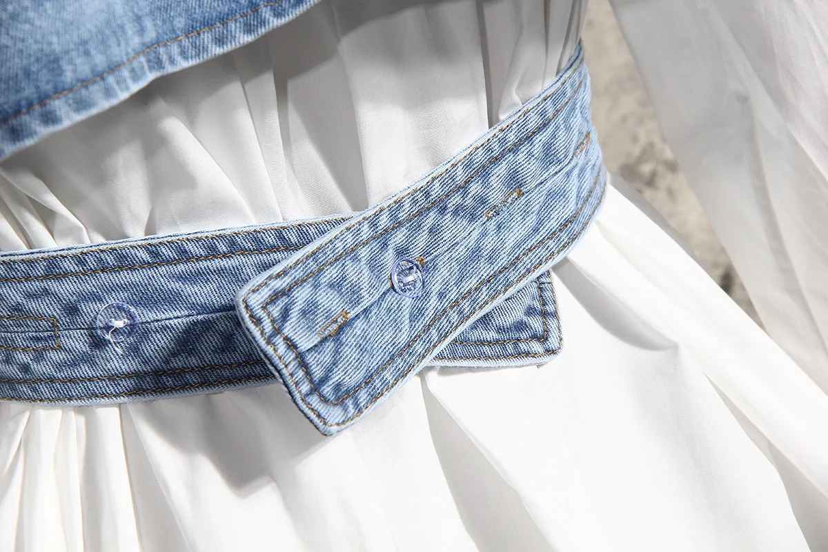 New Fashion Ladies Two-piece Veste Femme Irregular Short Denim Vest Jacket Puff Sleeve Loose Blouse Suit Women