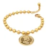 Vintage Stainless Steel Gold Plated Elizabeth Coin Disc Charm Bead Ball Chain Bracelet Jewelry