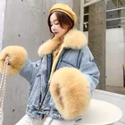 Winter Free size Rex Rabbit Fur Jacket Hot Custom Lady Girls Women Fur Parka Coat Fox Collar Denim Fur Jacket
