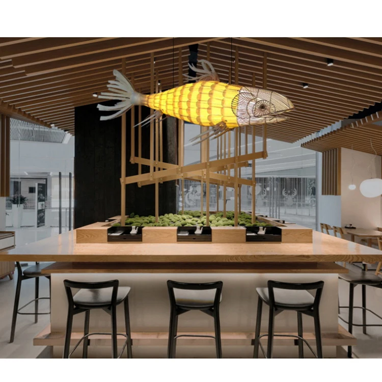 Customized handmade wood weaving fish shape rattan bamboo chandeliers for restaurant hotel pendant light
