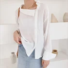 Elegant irregular white and red long sleeve V collar shirts for women blouses