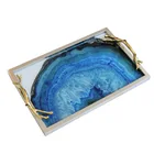 modern table decoration handle tray gold iron blue agate glass servuing tray