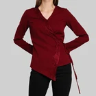 red plain asymmetric design fashion adjustable v neck long sleeve fringe womens shirts corset top cotton fabric