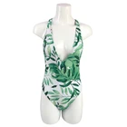 Cheap price low V-neck line leaves print backside cross tie straps swimsuit made in China